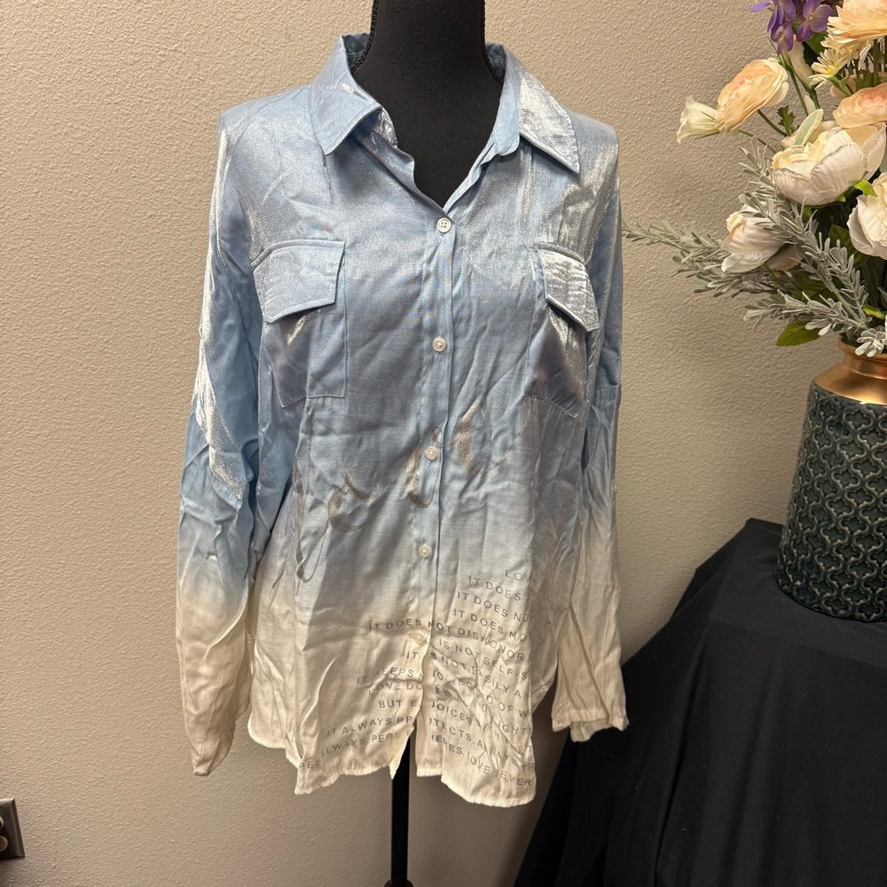 Carré Noir XL Blue Ombre Metallic Button Down Shirt | Chic Spring Summer Top